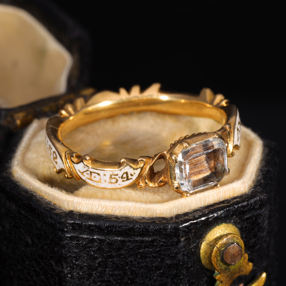 The Antique 1752 Georgian Hairwork Crystal Mourning Ring