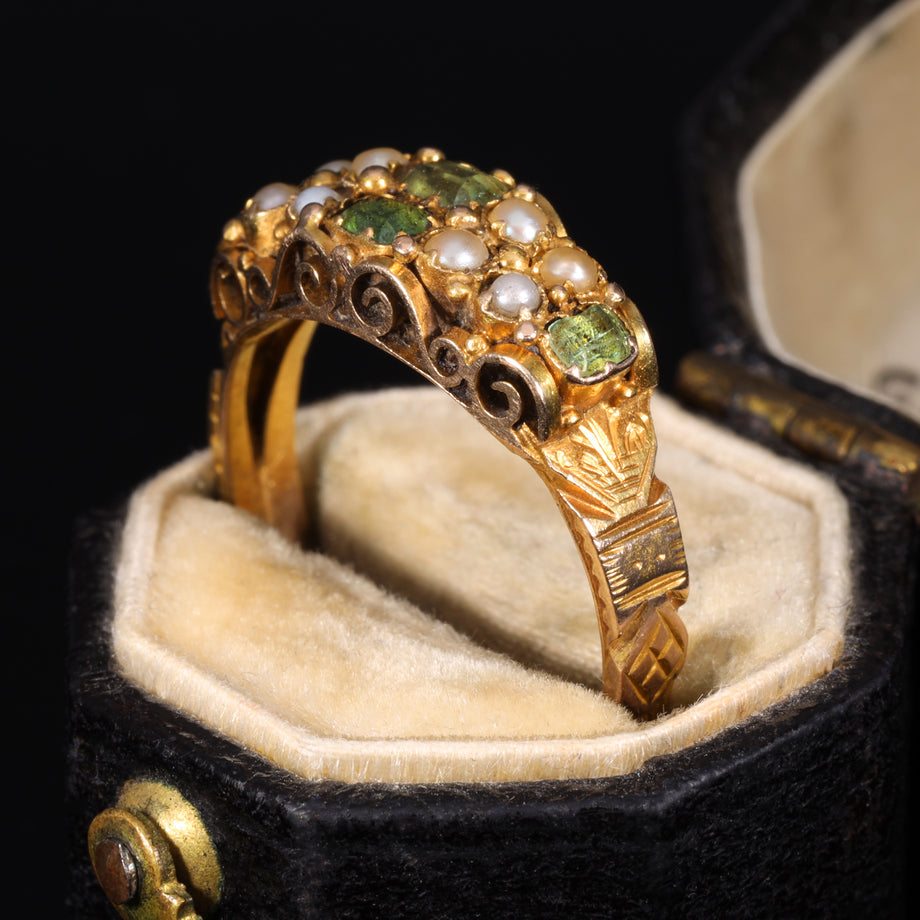 The Antique Victorian 1870 Green Beryl and Pearl Ornate Ring