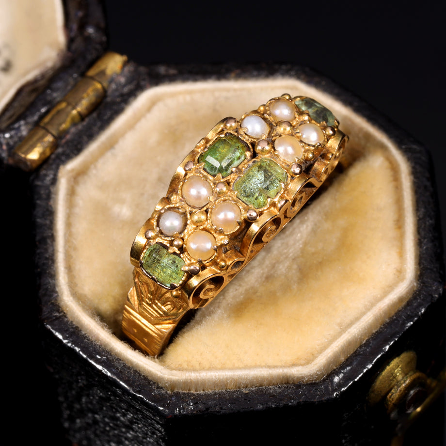 The Antique Victorian 1870 Green Beryl and Pearl Ornate Ring