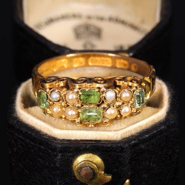 The Antique Victorian 1870 Green Beryl and Pearl Ornate Ring