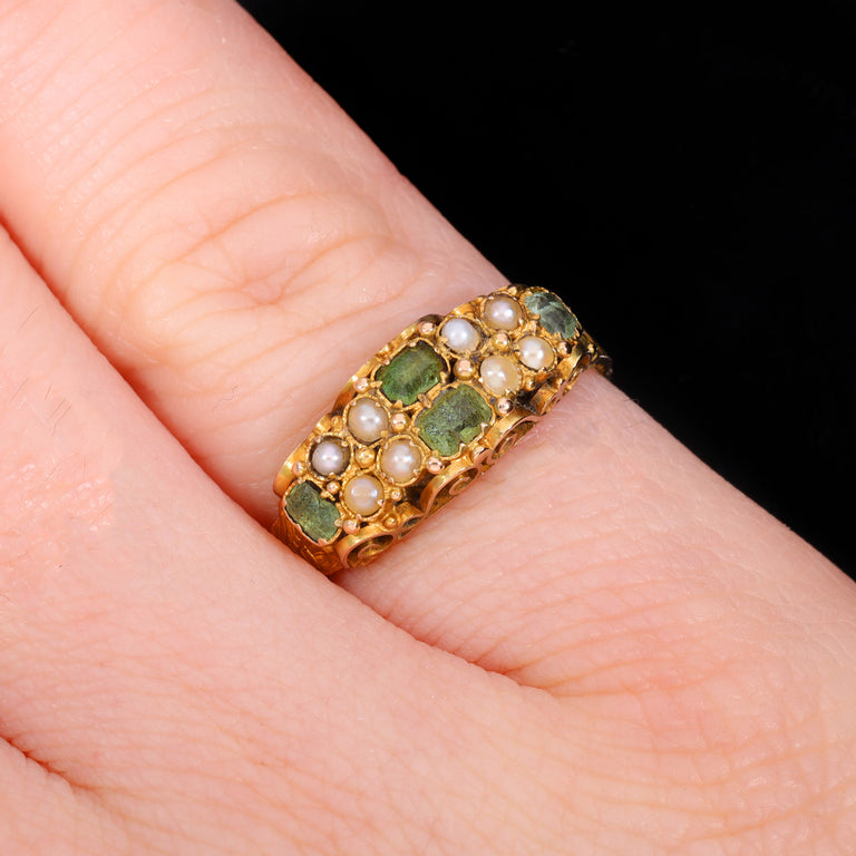 The Antique Victorian 1870 Green Beryl and Pearl Ornate Ring