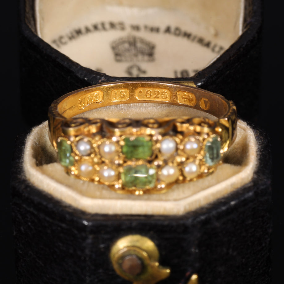 The Antique Victorian 1870 Green Beryl and Pearl Ornate Ring