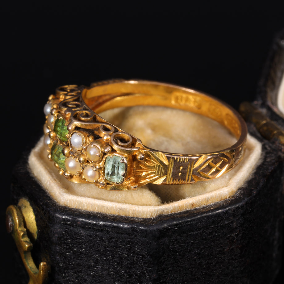 The Antique Victorian 1870 Green Beryl and Pearl Ornate Ring