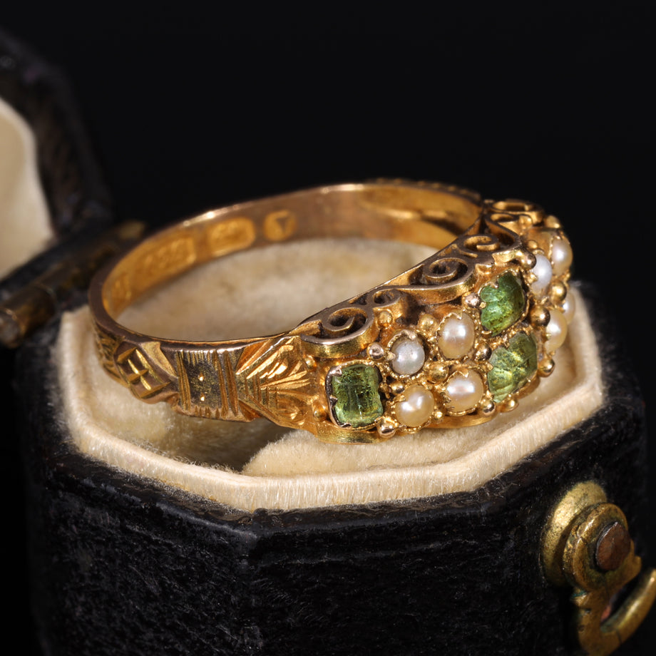 The Antique Victorian 1870 Green Beryl and Pearl Ornate Ring