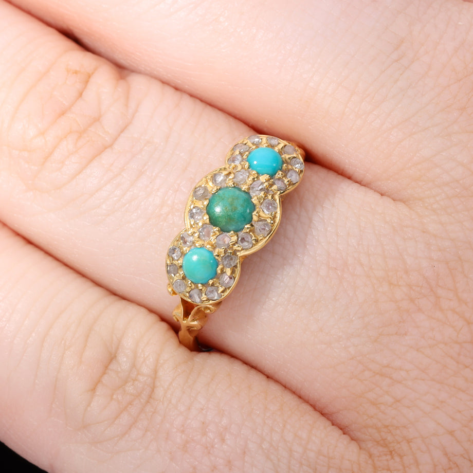 The Antique 1914 Three Turquoise and Old Cut Diamond Ring
