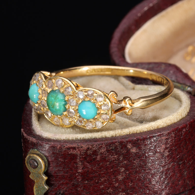 The Antique 1914 Three Turquoise and Old Cut Diamond Ring