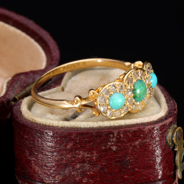 The Antique 1914 Three Turquoise and Old Cut Diamond Ring