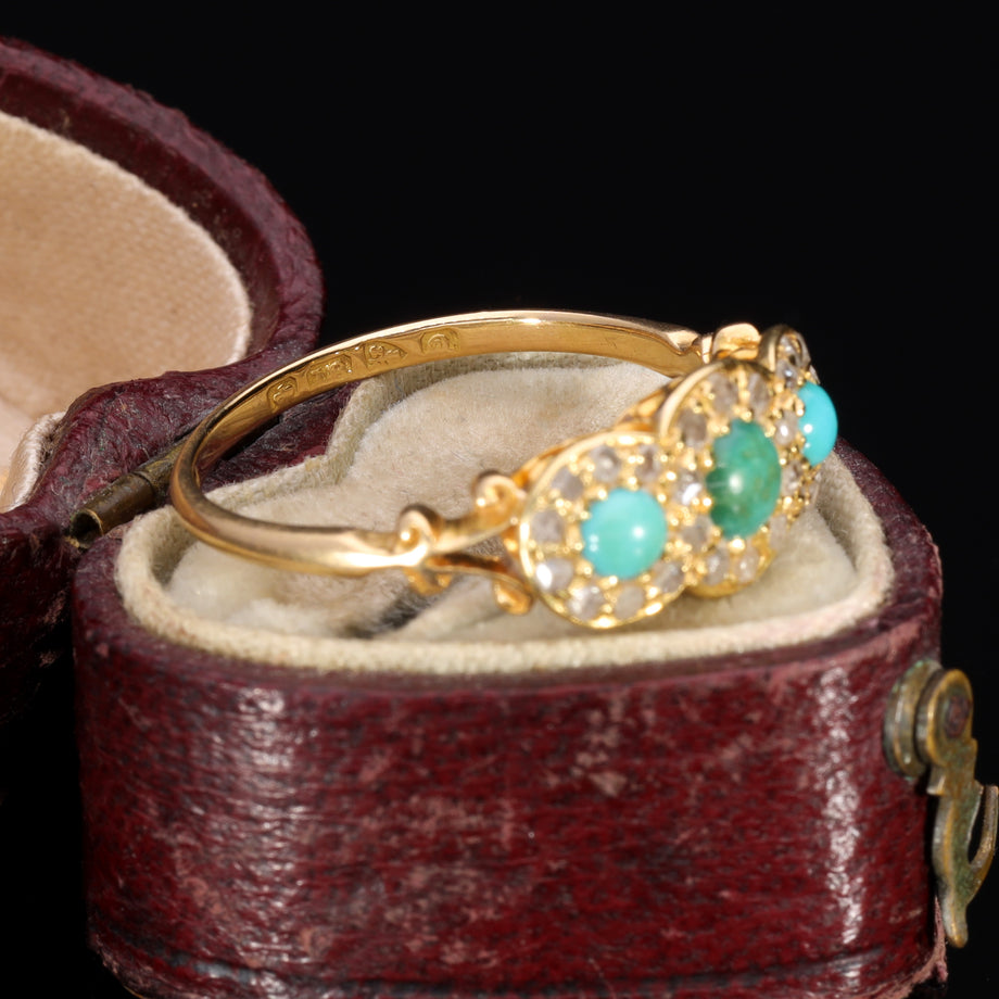 The Antique 1914 Three Turquoise and Old Cut Diamond Ring