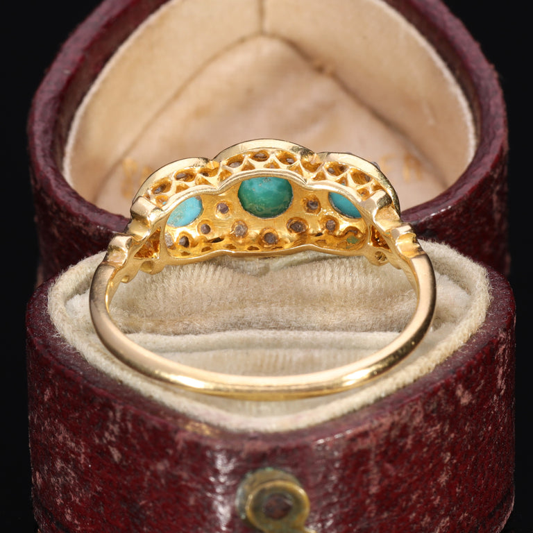 The Antique 1914 Three Turquoise and Old Cut Diamond Ring