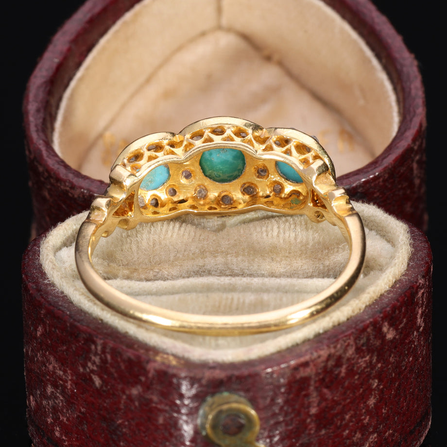The Antique 1914 Three Turquoise and Old Cut Diamond Ring