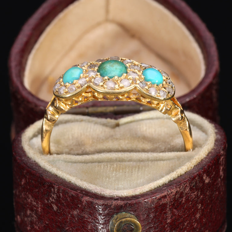 The Antique 1914 Three Turquoise and Old Cut Diamond Ring