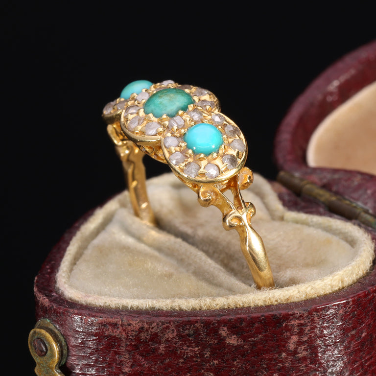 The Antique 1914 Three Turquoise and Old Cut Diamond Ring