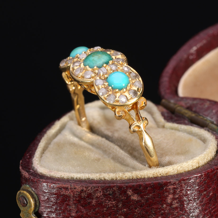 The Antique 1914 Three Turquoise and Old Cut Diamond Ring