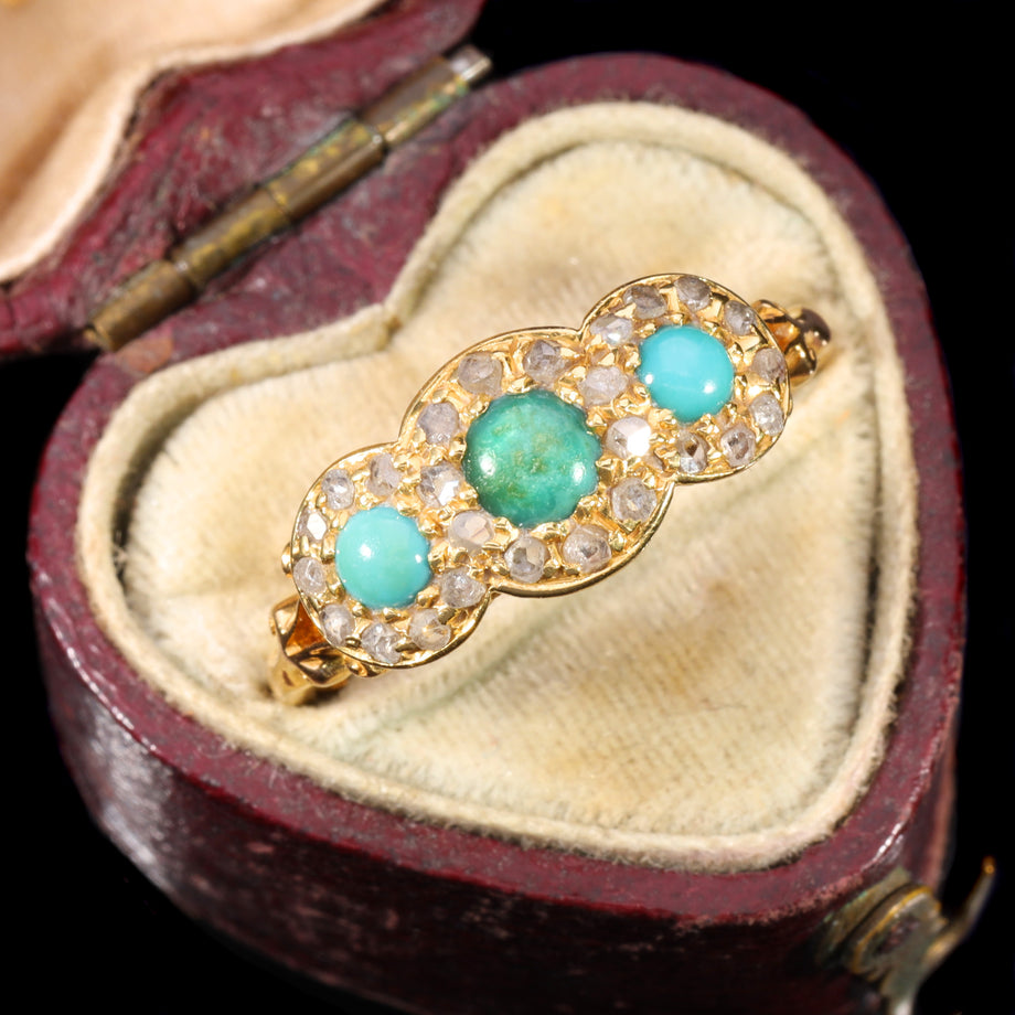 The Antique 1914 Three Turquoise and Old Cut Diamond Ring