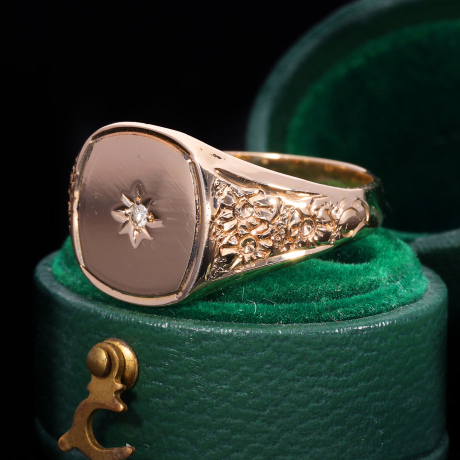 The Vintage 1977 Diamond and Floral Signet Ring