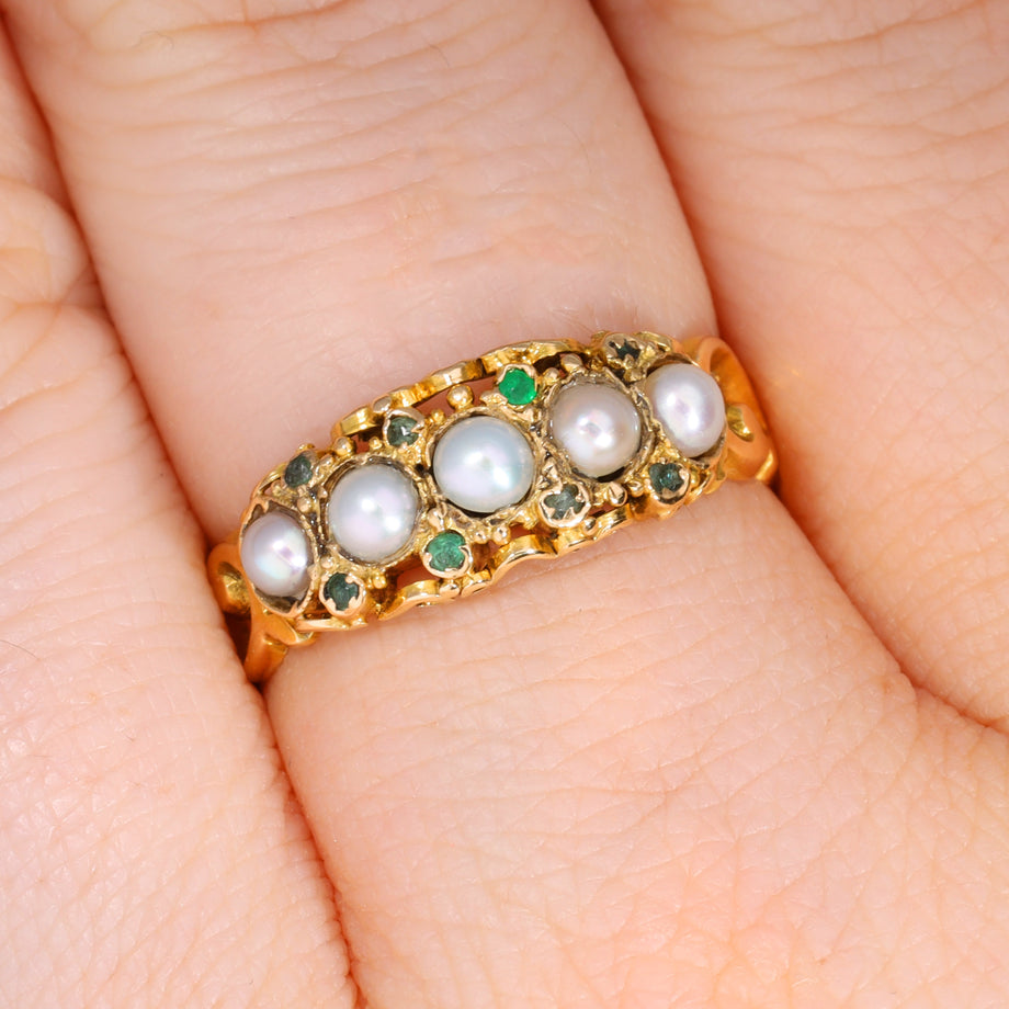 The Antique Victorian Pearl And Emerald Half Hoop Ring