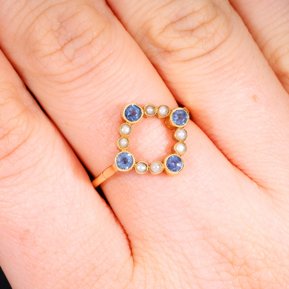 The Antique Edwardian Sapphire and Pearl Geometric Ring
