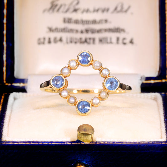 The Antique Edwardian Sapphire and Pearl Geometric Ring