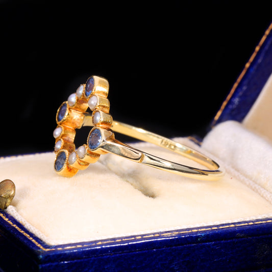 The Antique Edwardian Sapphire and Pearl Geometric Ring