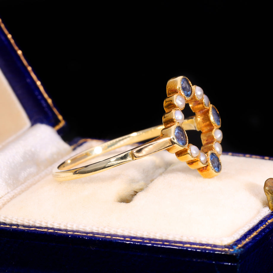 The Antique Edwardian Sapphire and Pearl Geometric Ring