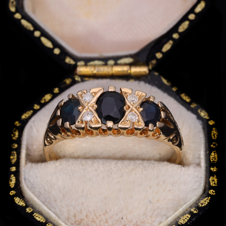 The Vintage 1990 Diamond And Sapphire Flush Set Boat Ring