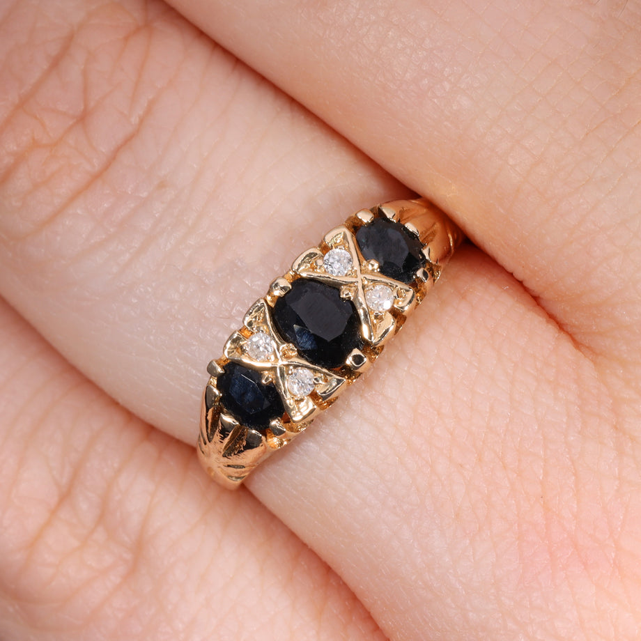 The Vintage 1990 Diamond And Sapphire Flush Set Boat Ring