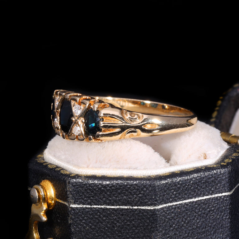 The Vintage 1990 Diamond And Sapphire Flush Set Boat Ring
