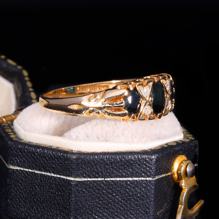 The Vintage 1990 Diamond And Sapphire Flush Set Boat Ring