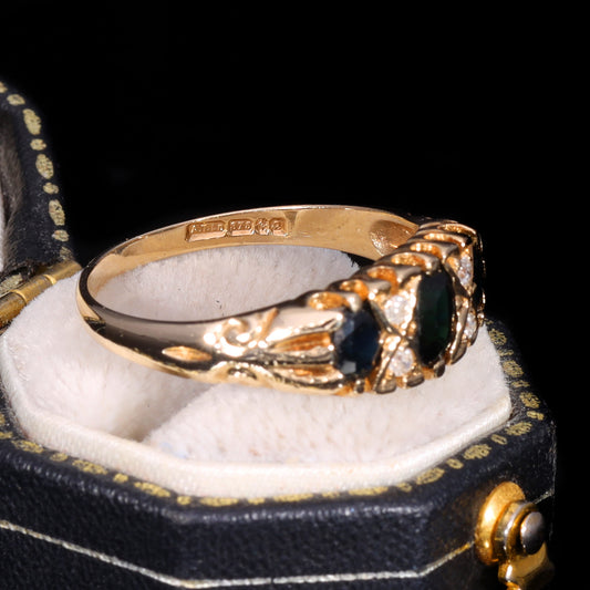 The Vintage 1990 Diamond And Sapphire Flush Set Boat Ring
