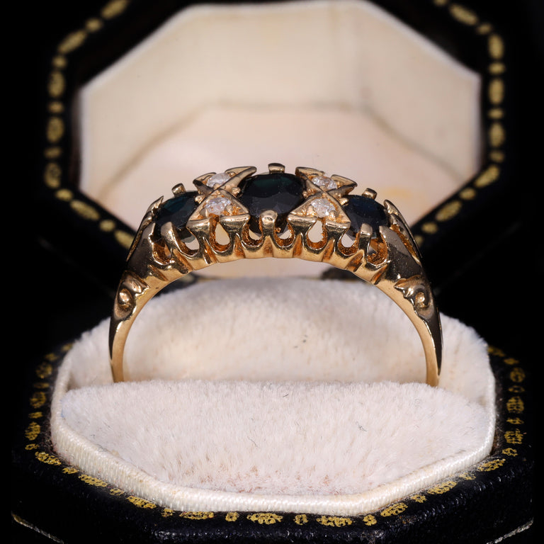 The Vintage 1990 Diamond And Sapphire Flush Set Boat Ring