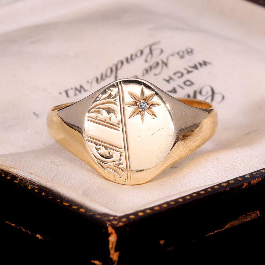 The Vintage 1991 Diamond 9ct Gold Oval Engraved Signet Ring