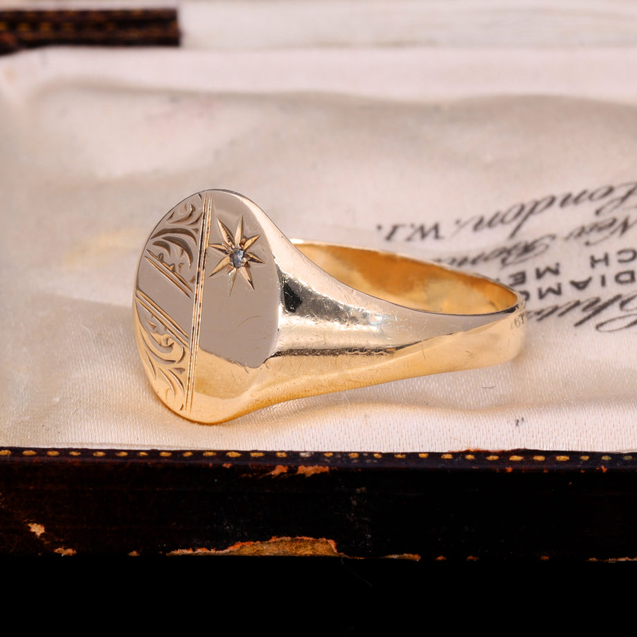 The Vintage 1991 Diamond 9ct Gold Oval Engraved Signet Ring