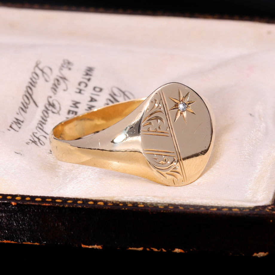 The Vintage 1991 Diamond 9ct Gold Oval Engraved Signet Ring