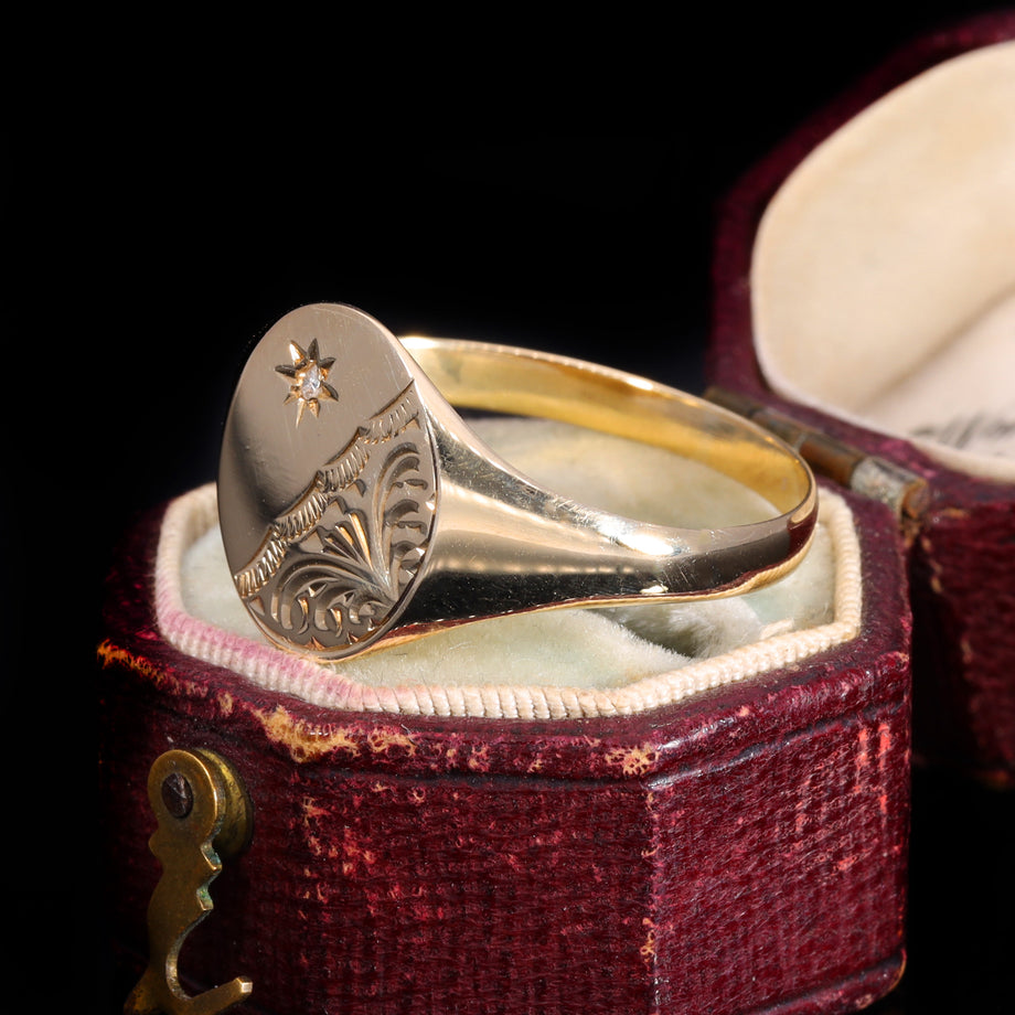 The Vintage Diamond 9ct Gold Oval Engraved Signet Ring