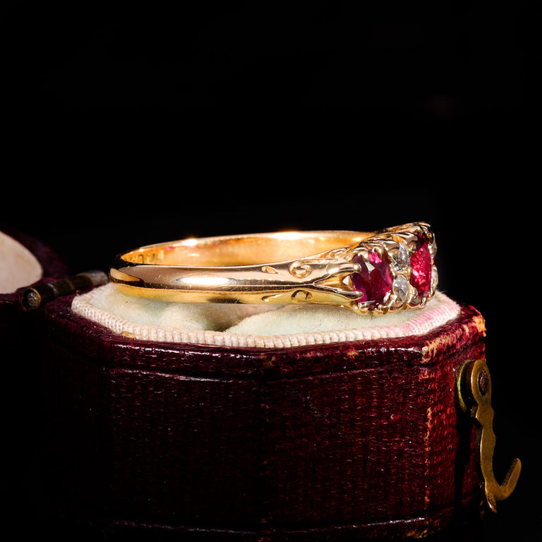 The Antique Victorian 1894 Ruby And Diamond Boat Ring