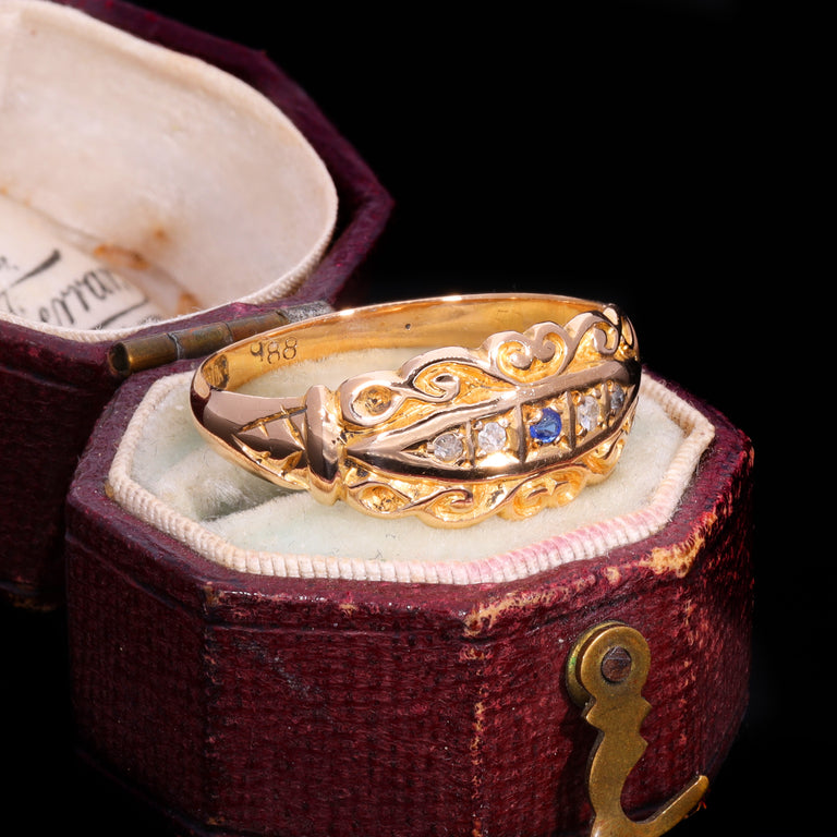 The Antique Edwardian 1909 Sapphire And Diamond Scrollwork Ring