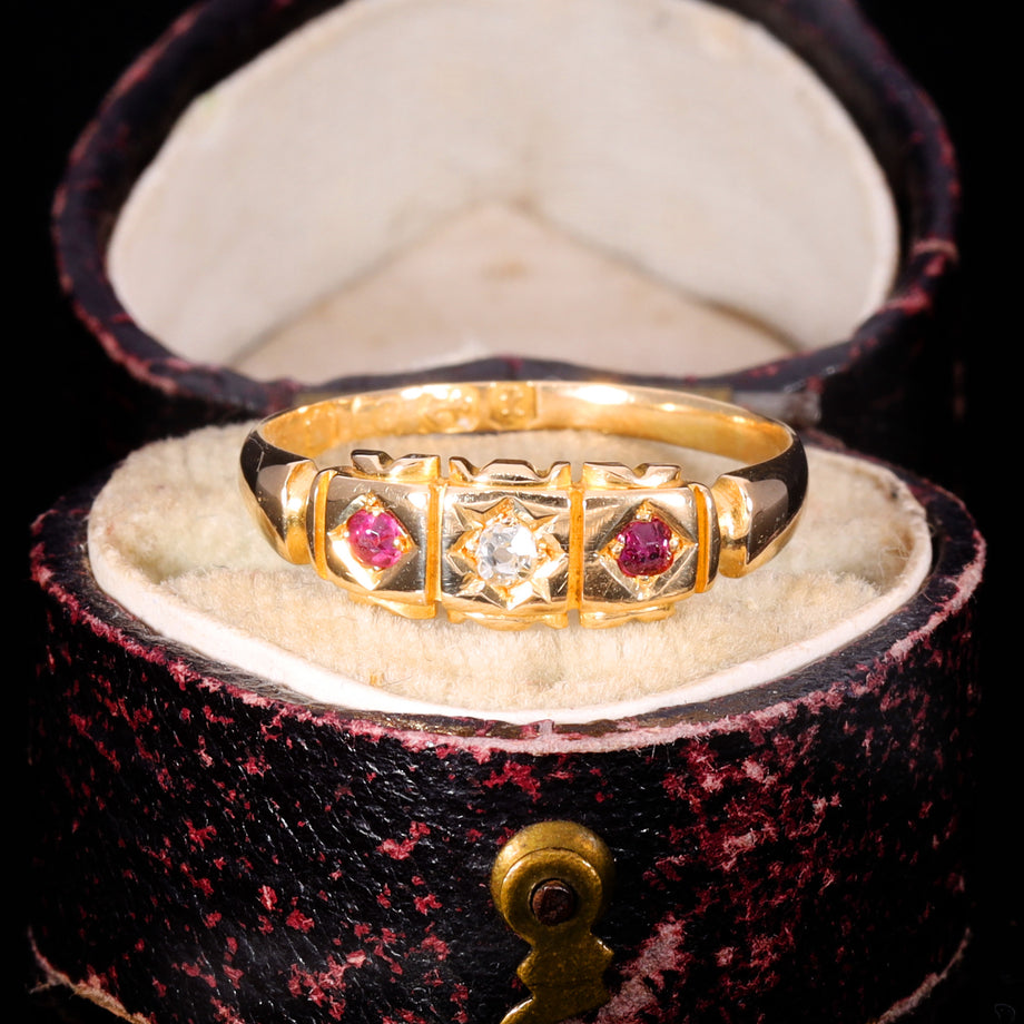 The Antique Victorian 1883 Diamond And Ruby Three Stone Ring