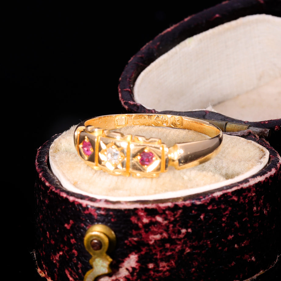The Antique Victorian 1883 Diamond And Ruby Three Stone Ring