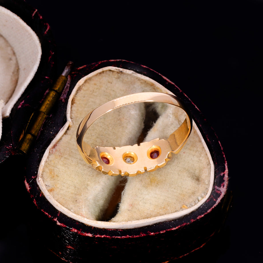 The Antique Victorian 1883 Diamond And Ruby Three Stone Ring