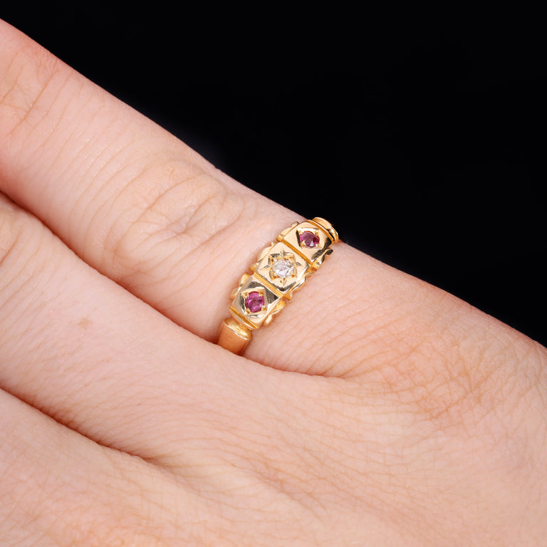 The Antique Victorian 1883 Diamond And Ruby Three Stone Ring
