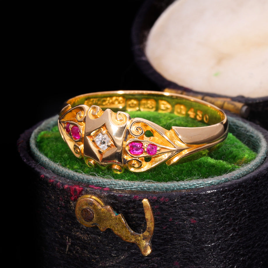 The Antique Edwardian 1901 Diamond And Ruby Scroll Ring