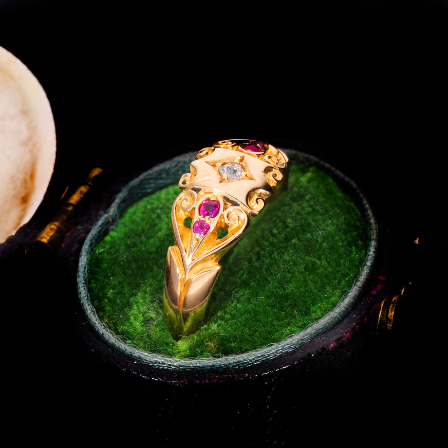 The Antique Edwardian 1901 Diamond And Ruby Scroll Ring