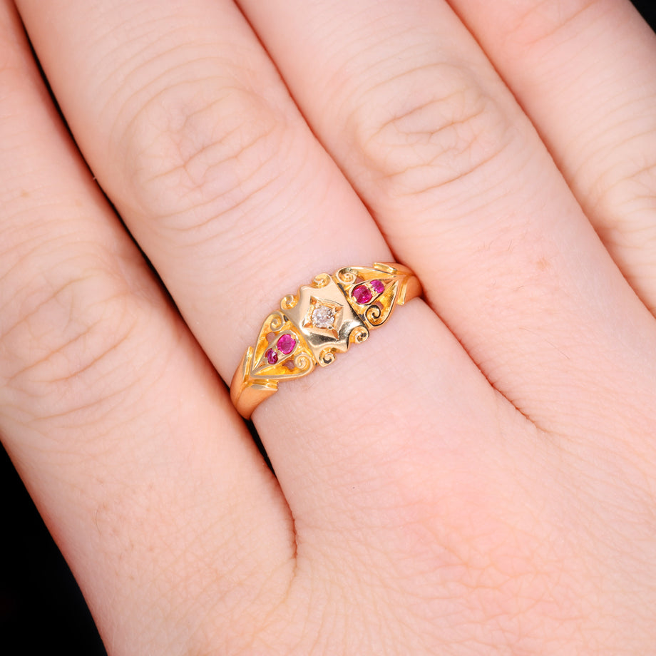 The Antique Edwardian 1901 Diamond And Ruby Scroll Ring