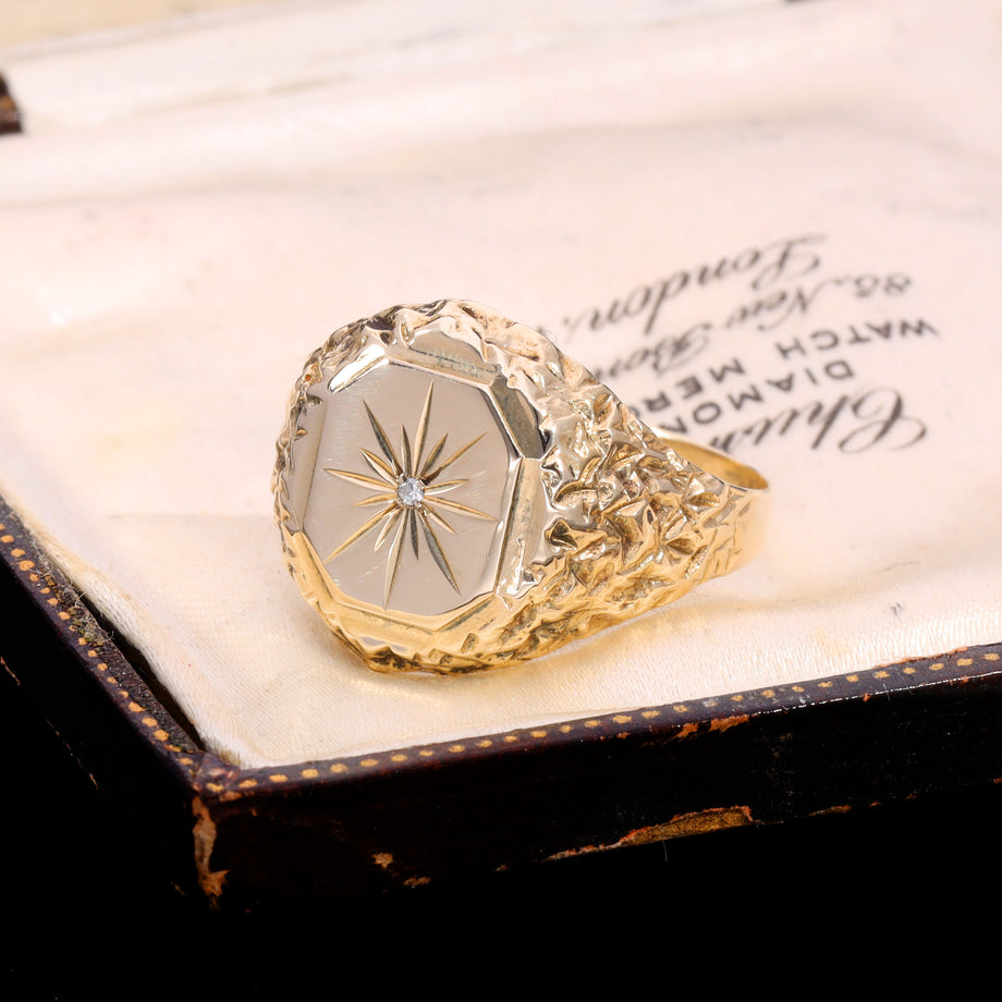 The Vintage 9ct Gold Celestial Diamond Textured Signet Ring