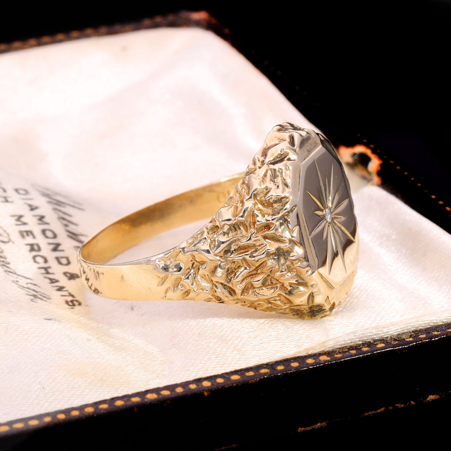 The Vintage 9ct Gold Celestial Diamond Textured Signet Ring