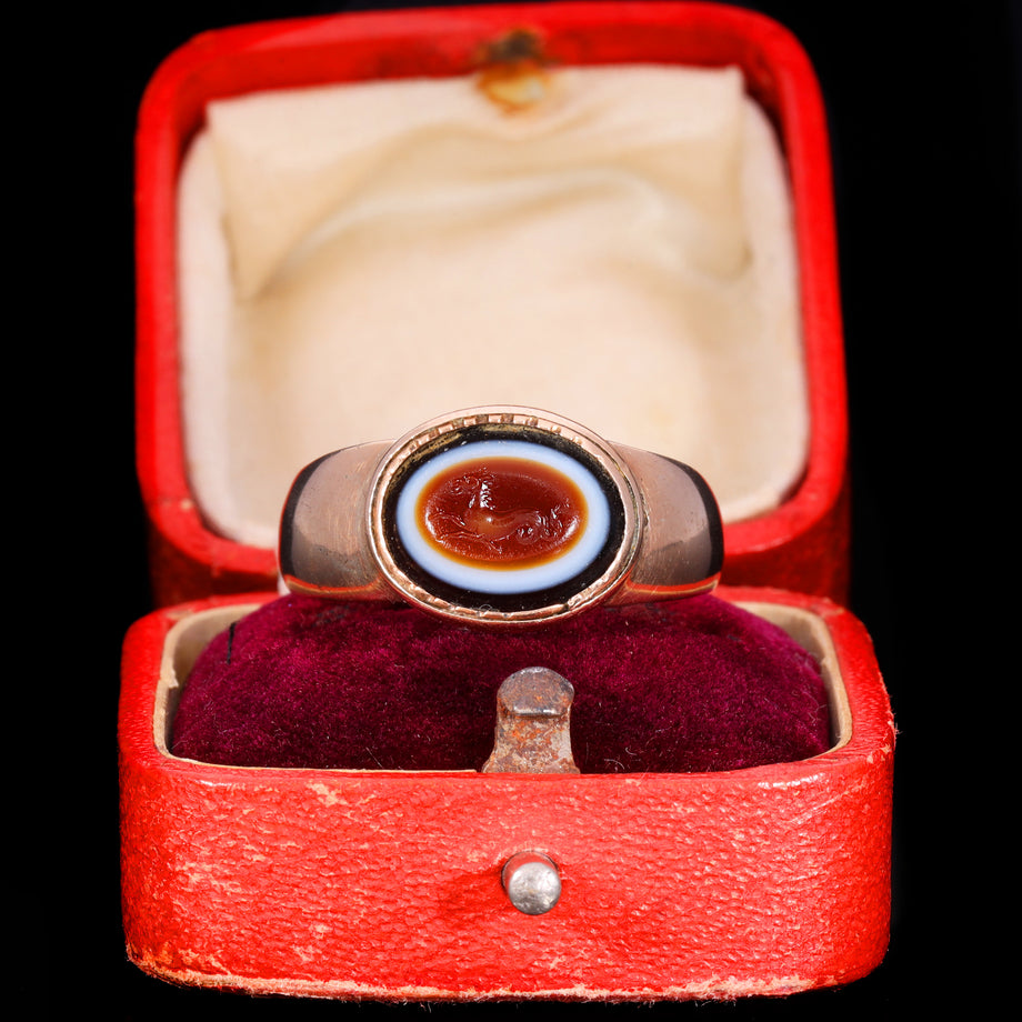 The Ancient Roman Bullseye Agate Hippocampus Intaglio Signet Ring