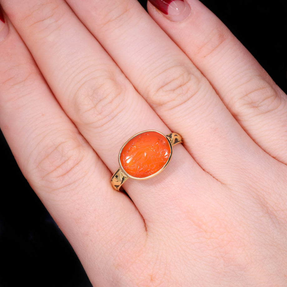 The Ancient Roman Carnelian Stag and Scorpion Intaglio Ring