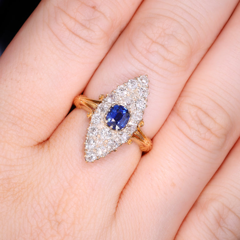 The Antique Victorian Sapphire And Old Cut Diamond Navette Ring
