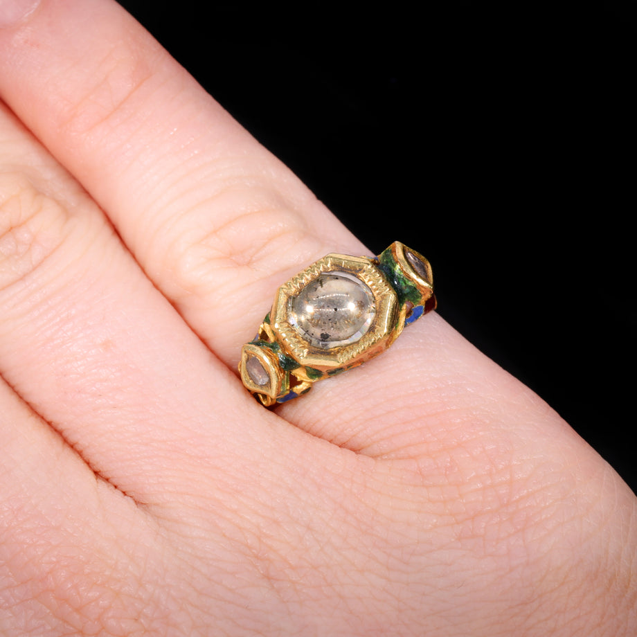 The Antique 19th Century Northern Indian Mughal Diamond And Enamel Meenakari Ring