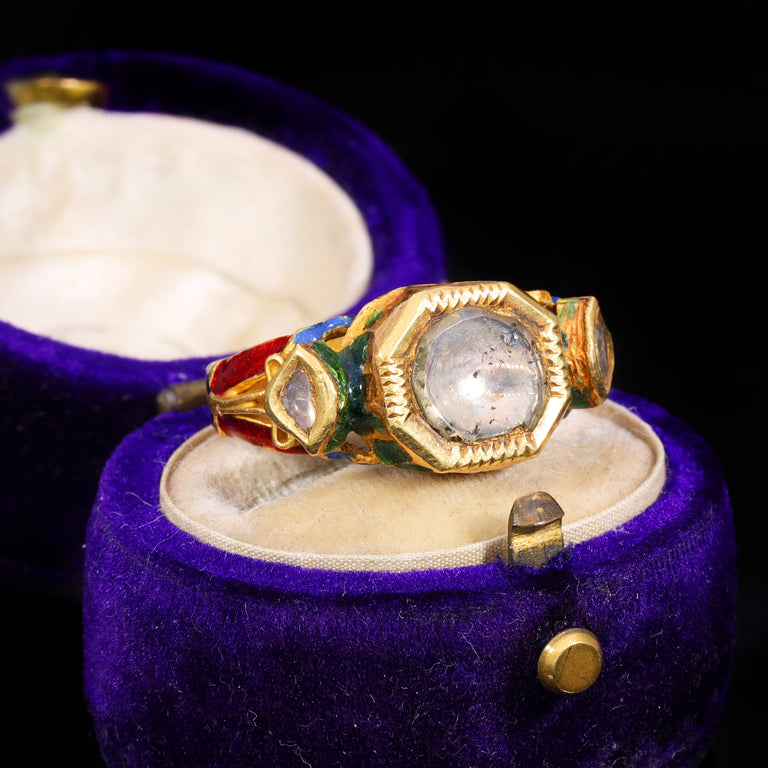 The Antique 19th Century Northern Indian Mughal Diamond And Enamel Meenakari Ring